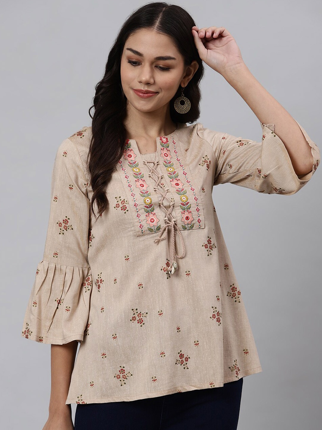 

Os Women Green Floral Printed & Embroidered A-Line Top, Beige