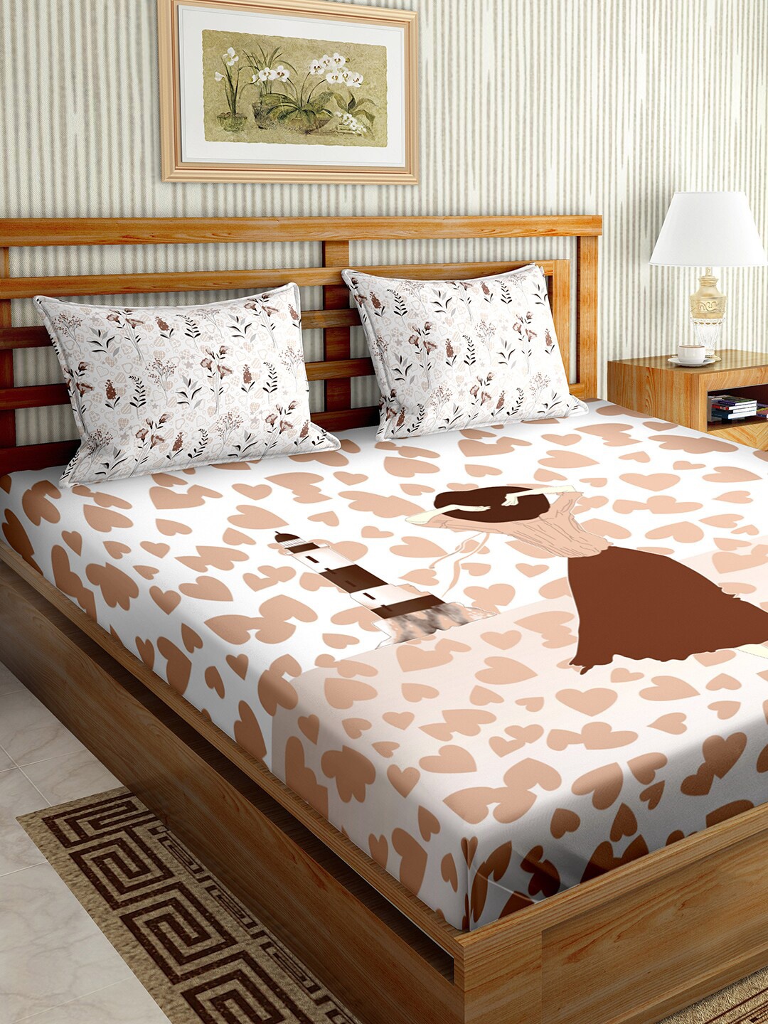 

BELLA CASA Brown & White Graphic 150 TC Cotton King Bedsheet with 2 Pillow Covers