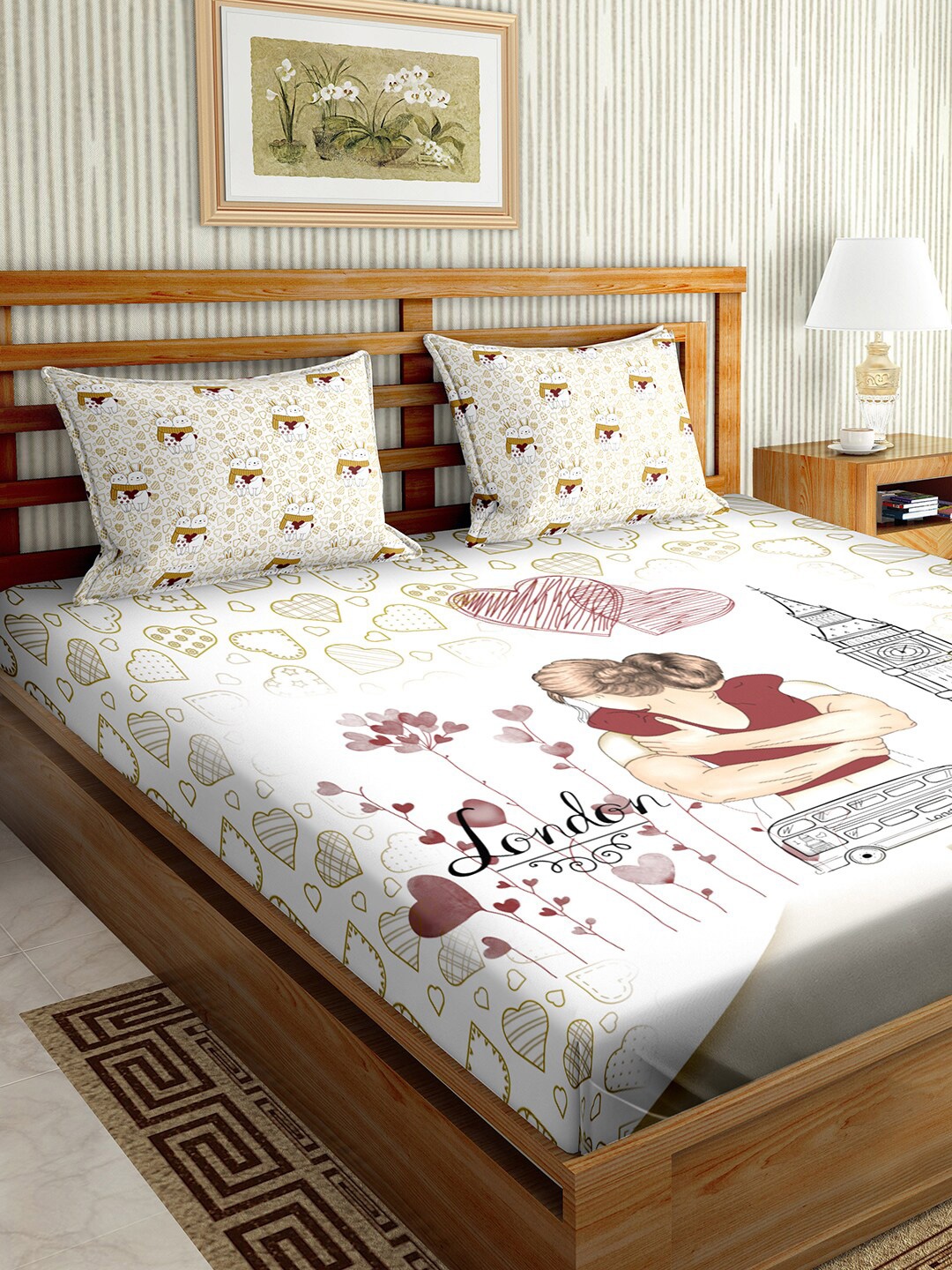 

BELLA CASA Beige & White Graphic 150 TC Cotton King Bedsheet with 2 Pillow Covers