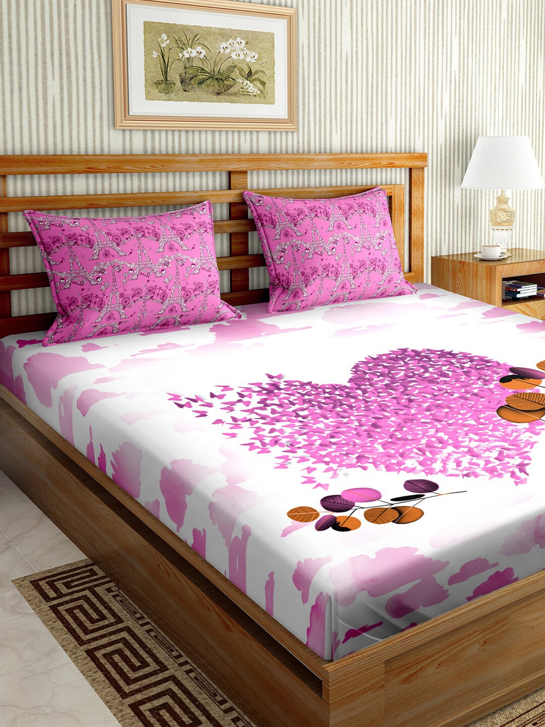 

BELLA CASA Pink & White Graphic 150 TC Cotton King Bedsheet with 2 Pillow Covers