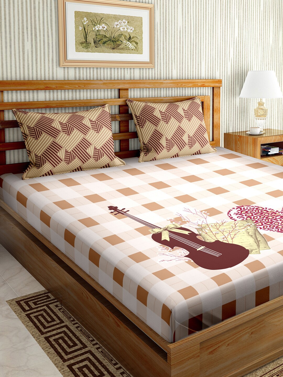

BELLA CASA Brown & White Geometric 150 TC Cotton King Bedsheet with 2 Pillow Covers
