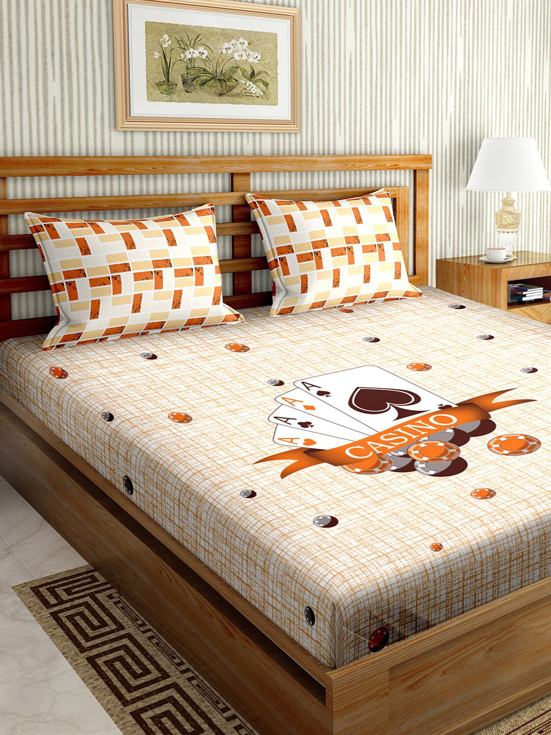 

BELLA CASA Brown & Beige Graphic 150 TC Cotton King Bedsheet with 2 Pillow Covers