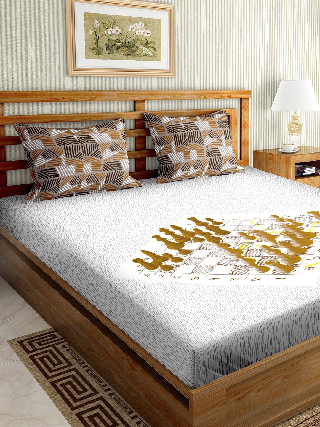 

BELLA CASA Brown & White Graphic 150 TC Cotton King Bedsheet with 2 Pillow Covers