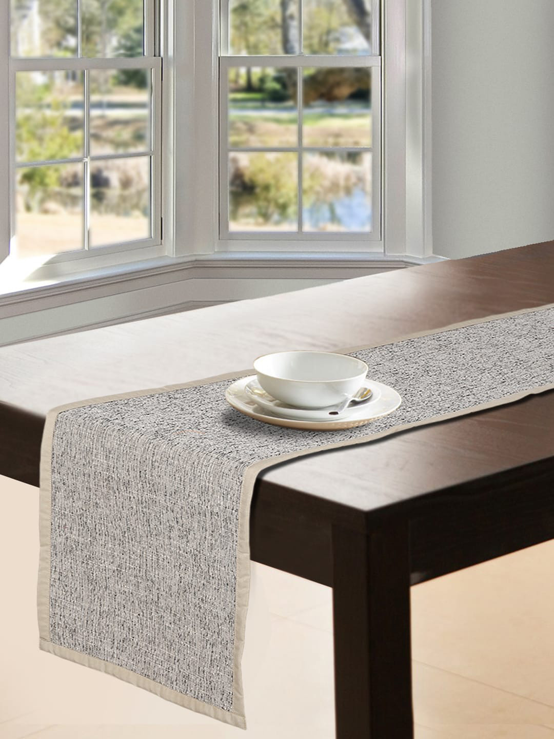 

S9home by Seasons Beige & Grey Self-Design 6-Seater Table Runner