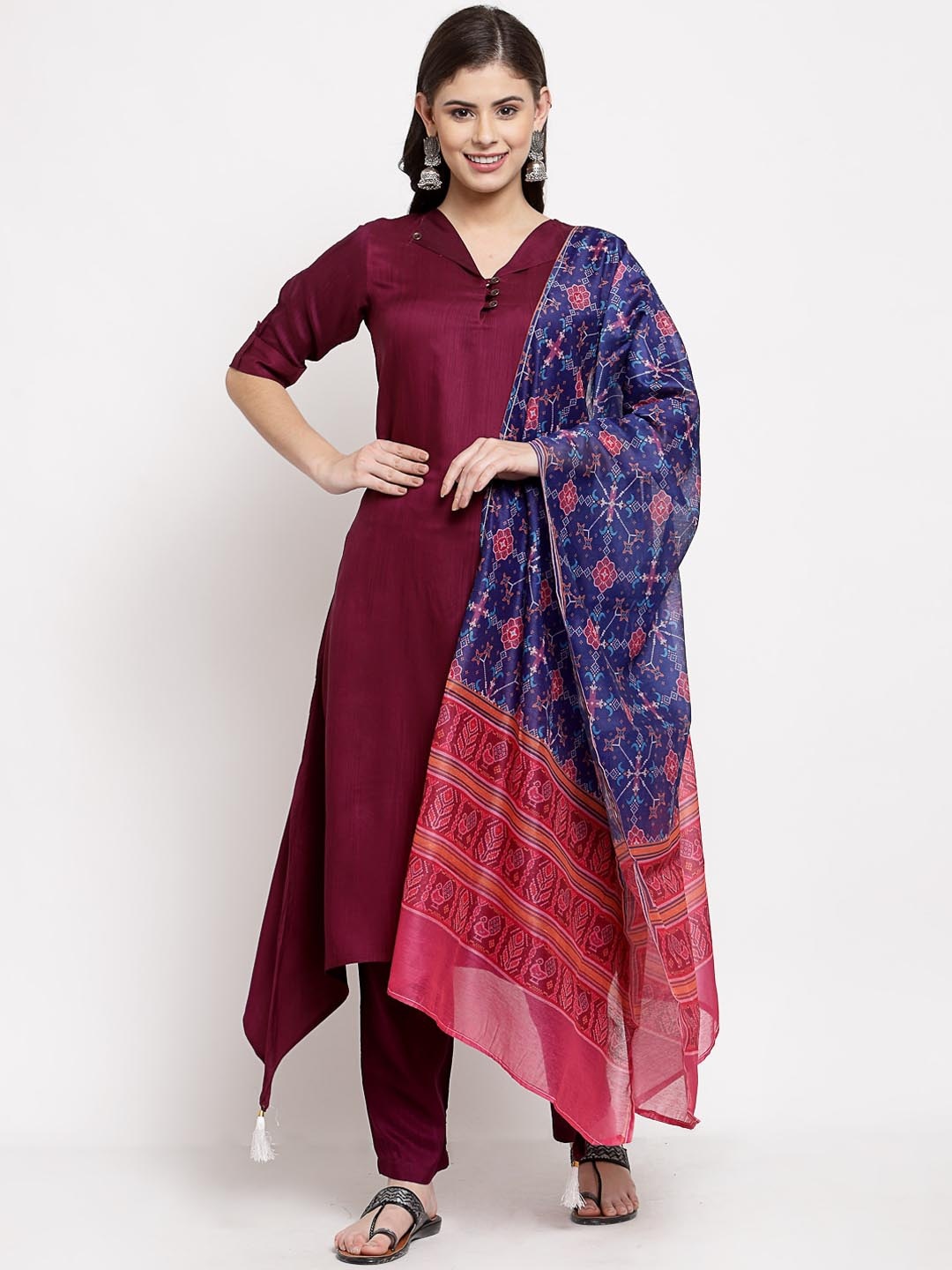 

Myshka Women Burgundy Regular Pure Cotton Kurta with Trousers & With Dupatta