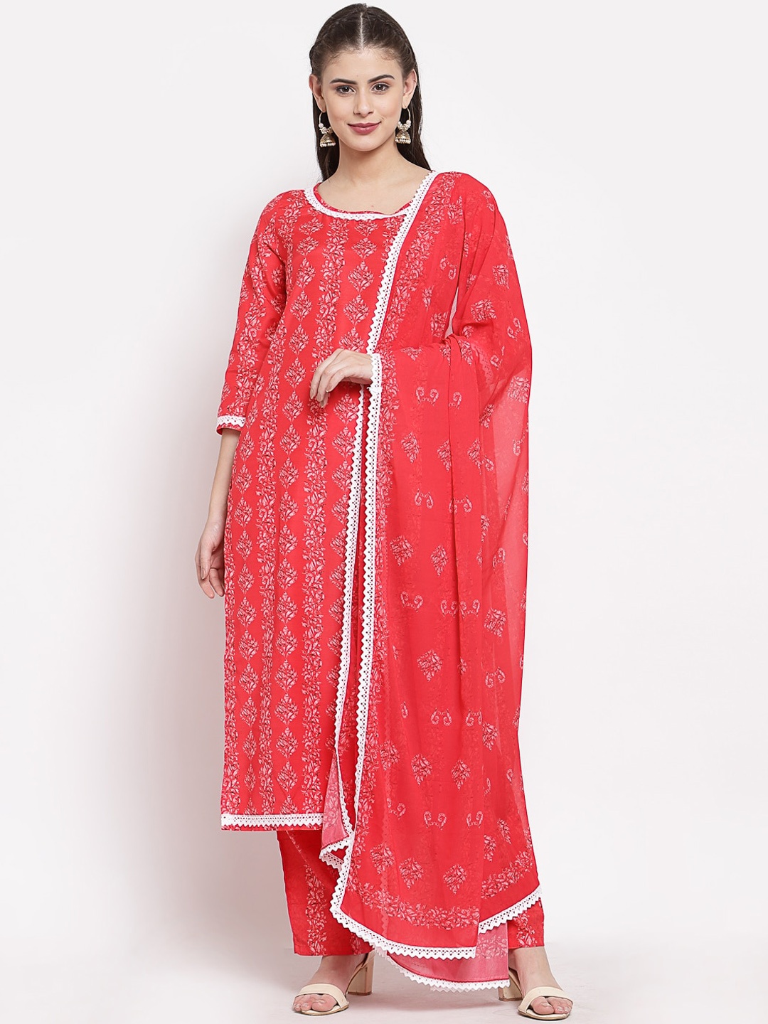 

Myshka Women Red Ethnic Motifs Printed Regular Pure Cotton Kurta with Trousers & With Dupatta