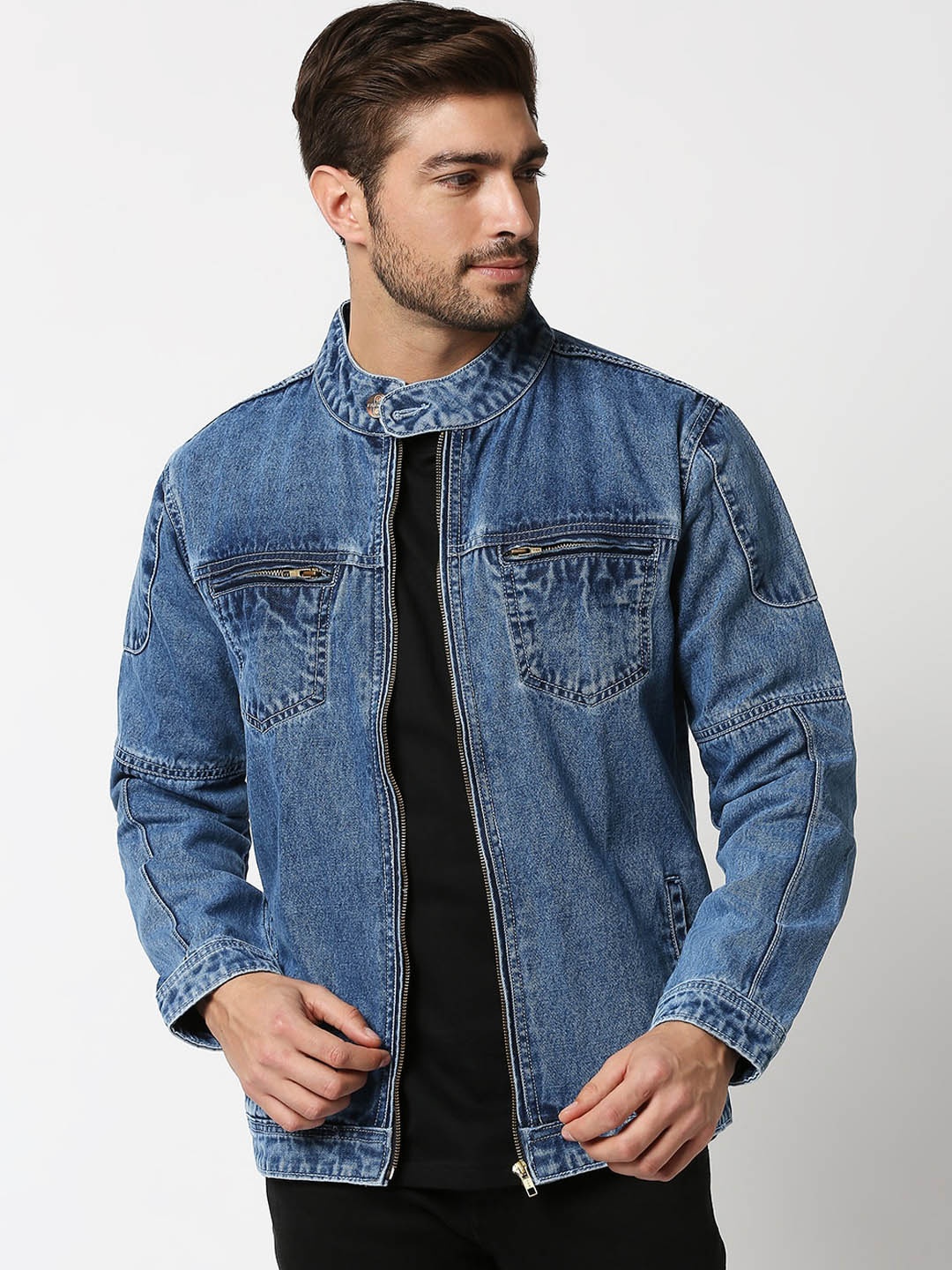 

High Star Men Blue Washed Denim Jacket with Patchwork