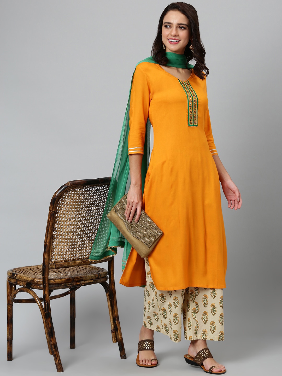 Khushal K Women Mustard Yellow Printed Yoke Design Regular Kurta with Palazzos & Dupatta