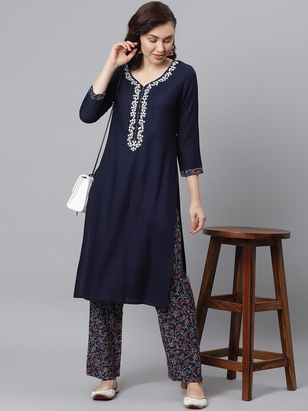 

Khushal K Women Navy Blue Ethnic Motifs Yoke Design Regular Kurta with Trousers