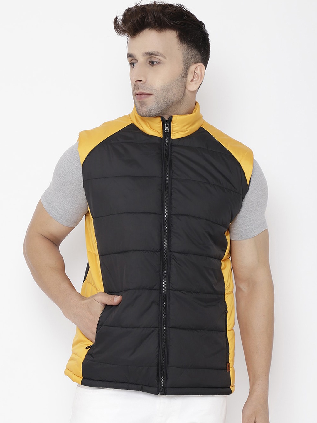 

PERFKT-U Men Black & Mustard Yellow Colourblocked Lightweight Padded Jacket