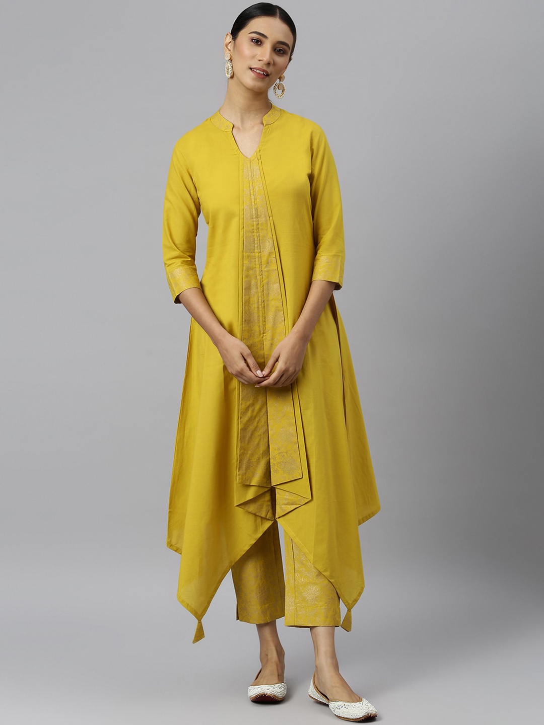 

Khushal K Women Yellow Pleated Pure Cotton Kurta with Trousers