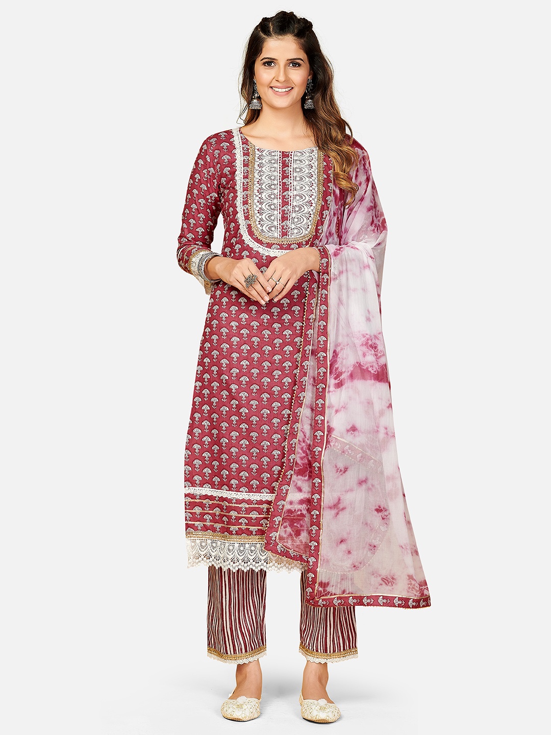 

Vbuyz Women Magenta Ethnic Motifs Printed Regular Pure Cotton Kurta with Palazzos & With Dupatta