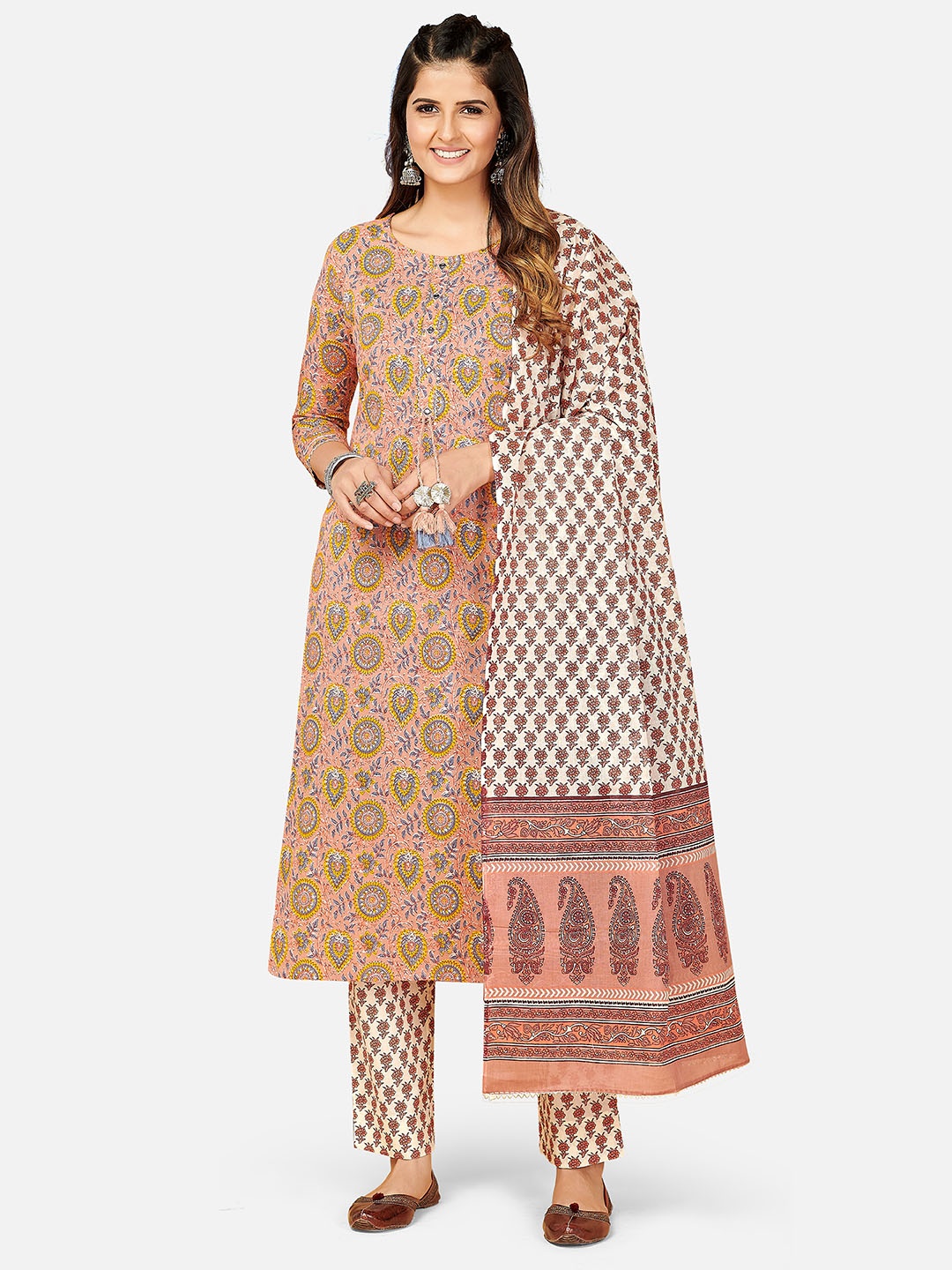 

Vbuyz Women Beige Ethnic Motifs Printed Pure Cotton Kurta with Palazzos & With Dupatta