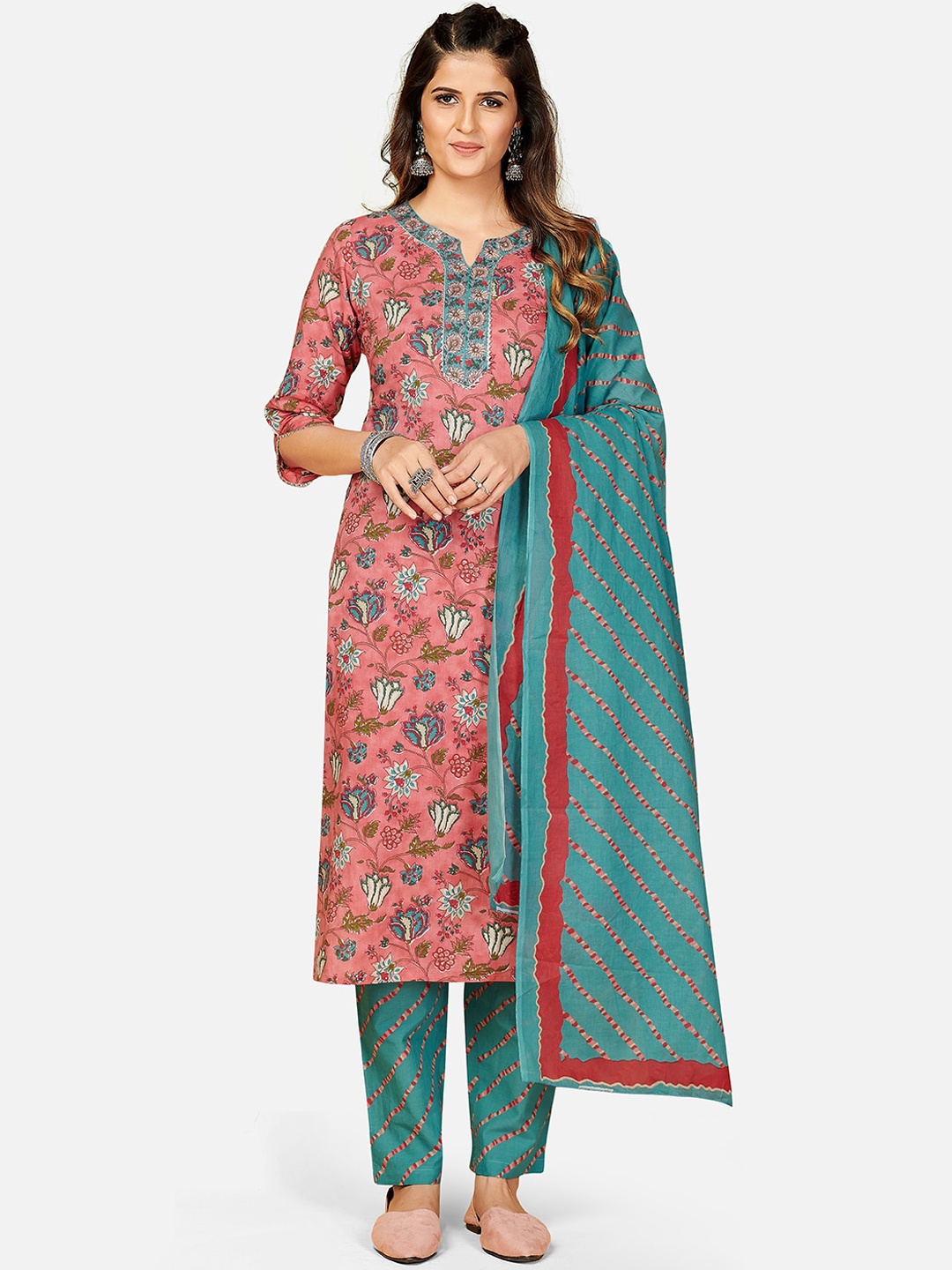 

Vbuyz Women Pink Ethnic Motifs Printed Regular Pure Cotton Kurta with Trousers & Dupatta