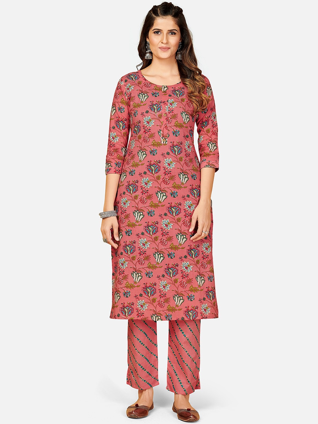 

Vbuyz Women Pink Floral Printed Regular Sequinned Pure Cotton Kurta with Trousers