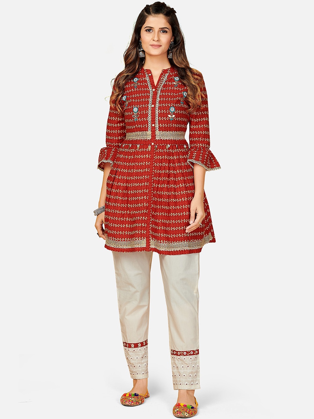 

Vbuyz Women Red Ethnic Motifs Embroidered Gotta Patti Cotton Kurti with Trousers