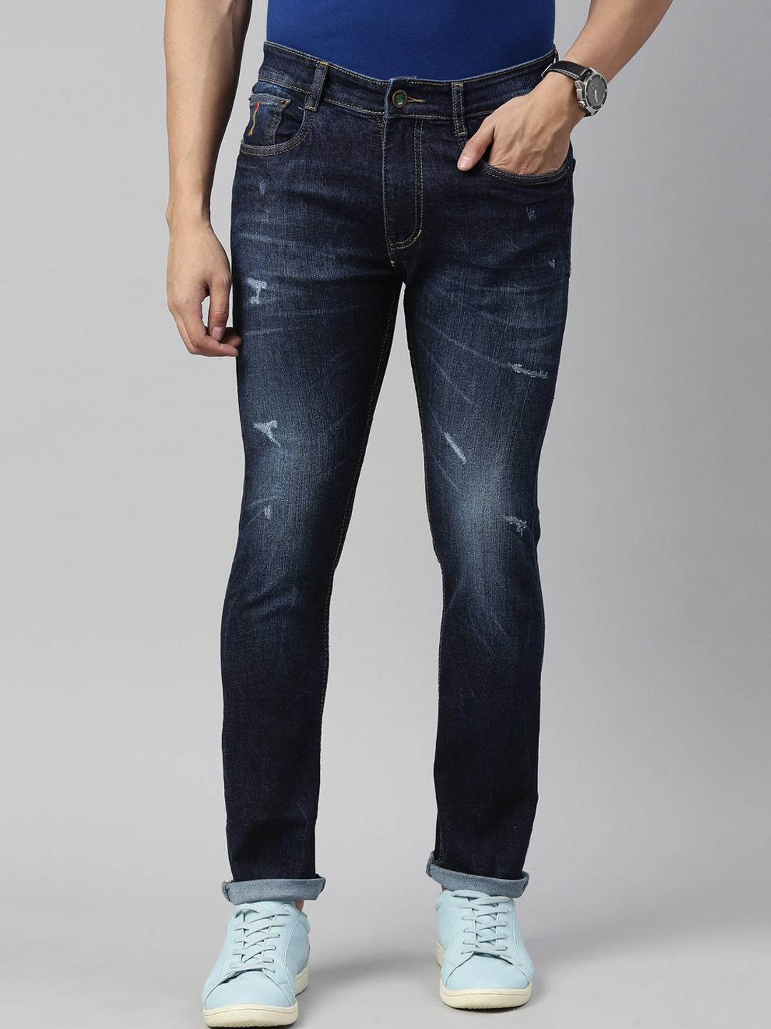 

CINOCCI Men Blue Slim Fit Low Distress Light Fade Cotton Stretchable Jeans