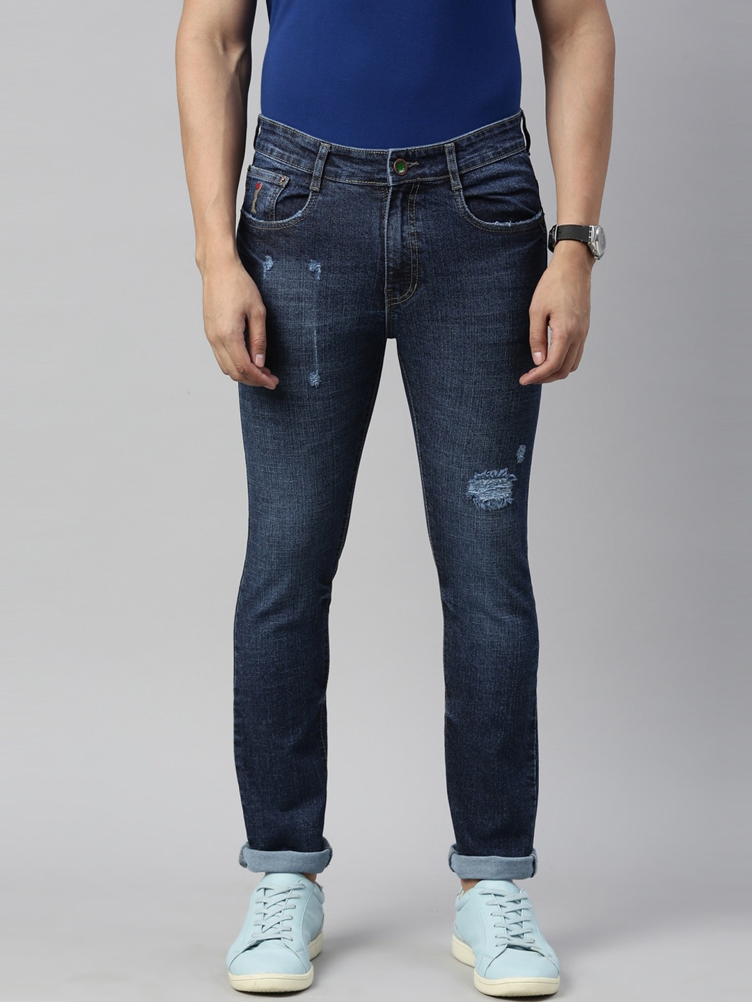 

CINOCCI Men Blue Slim Fit Low Distress Light Fade Stretchable Jeans