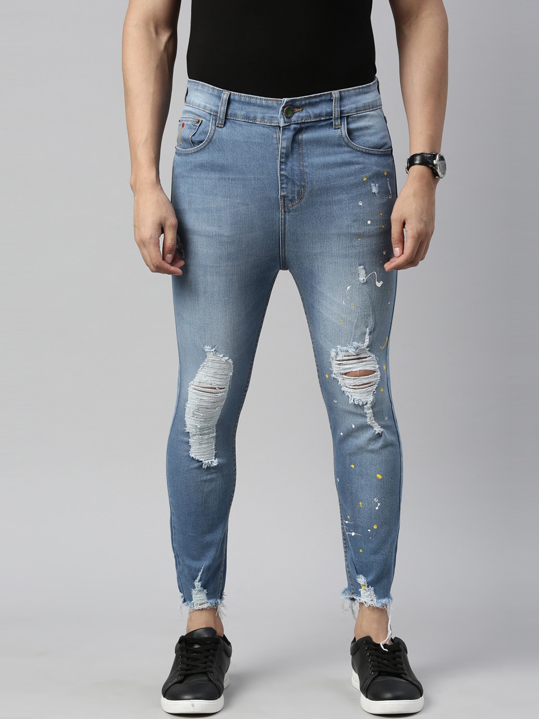 

CINOCCI Men Blue Tapered Fit Highly Distressed Light Fade Stretchable Jeans
