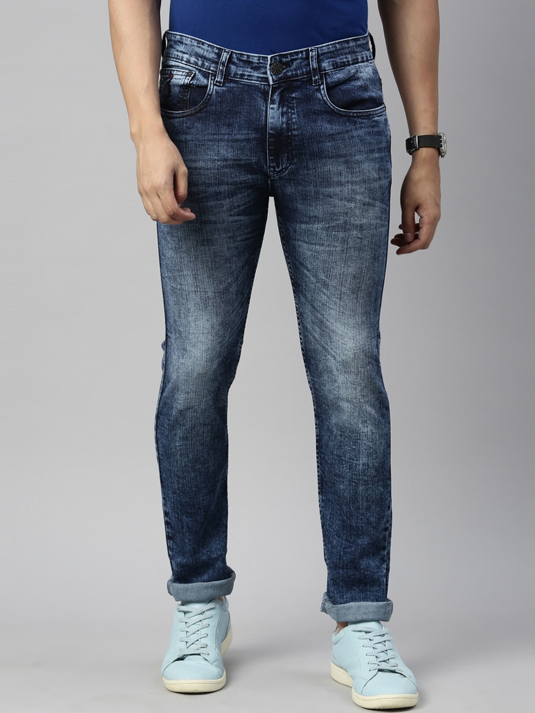 

CINOCCI Men Blue Slim Fit Low Distress Heavy Fade Stretchable Jeans