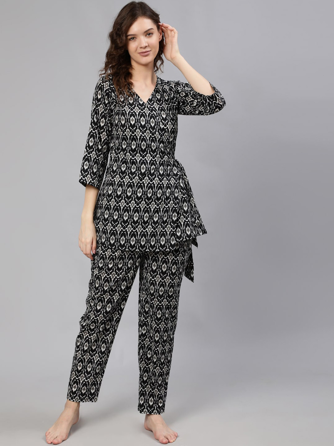 

Nayo Women Black & Grey Printed Wrap Round Pure Cotton Night suit