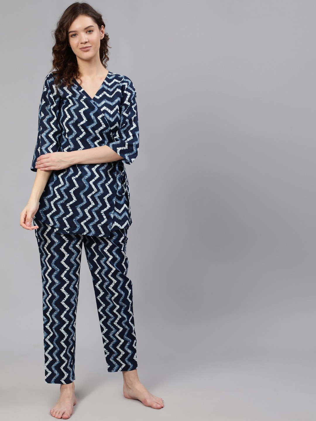 

Nayo Women Navy Blue & White Printed Wrap Round Pure Cotton Night suit