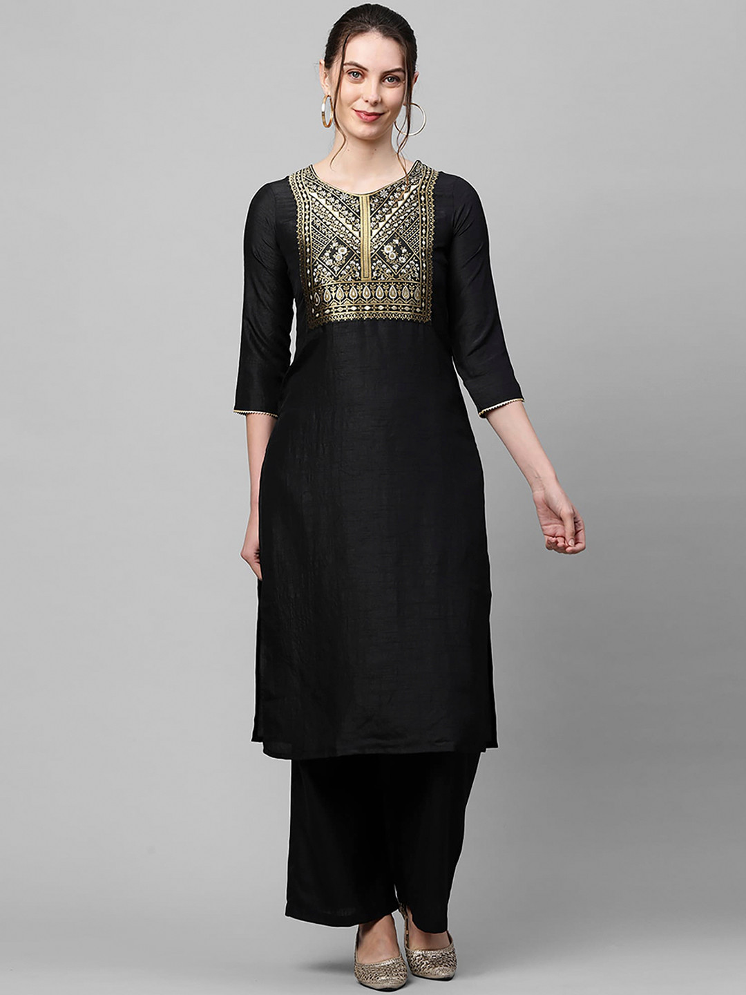 

Indo Era Women Black & Gold-Toned Ethnic Motifs Yoke Design Kurta