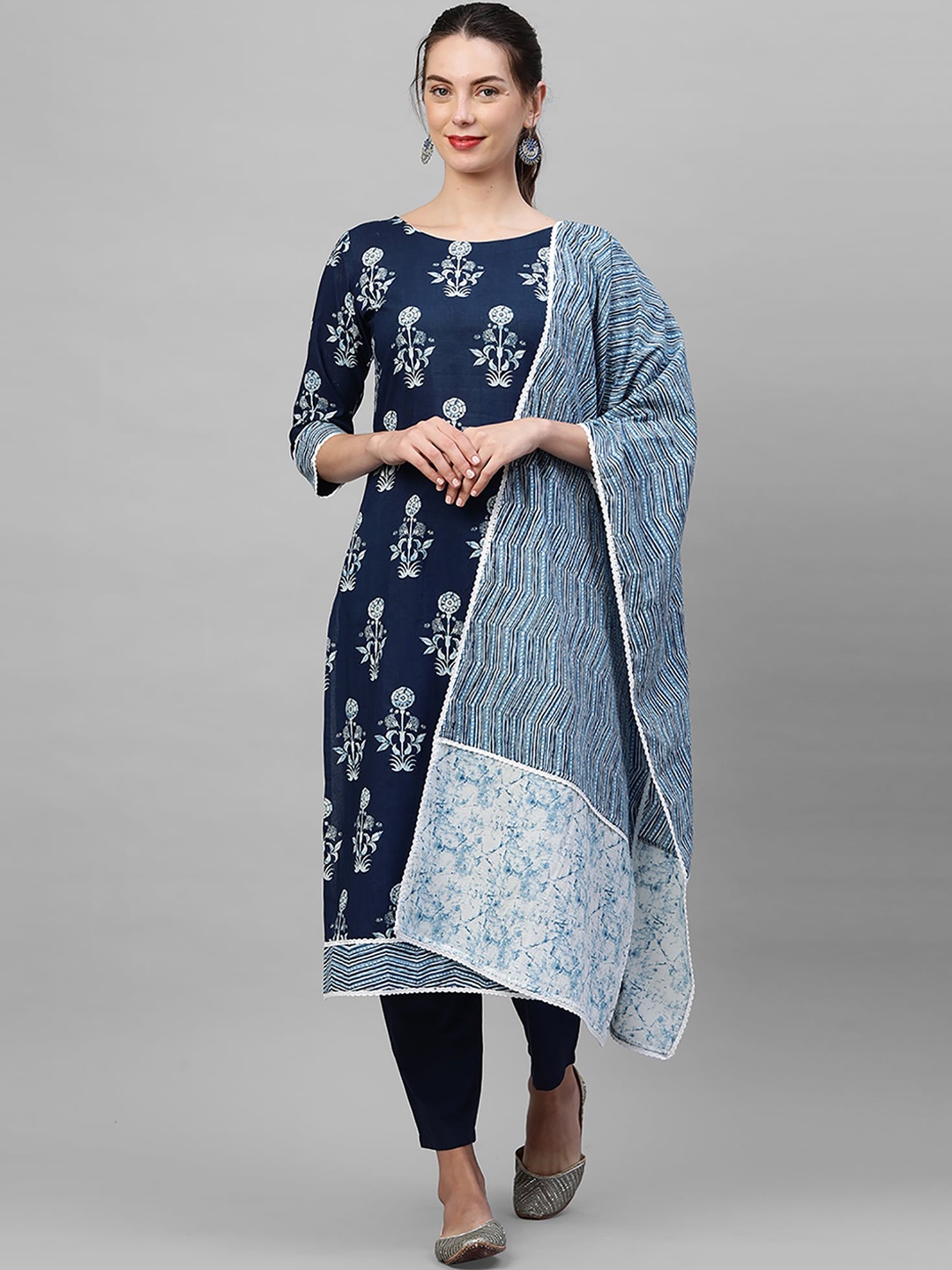

Indo Era Women Navy Blue Floral Printed Pure Cotton Kurta with Palazzos & With Dupatta