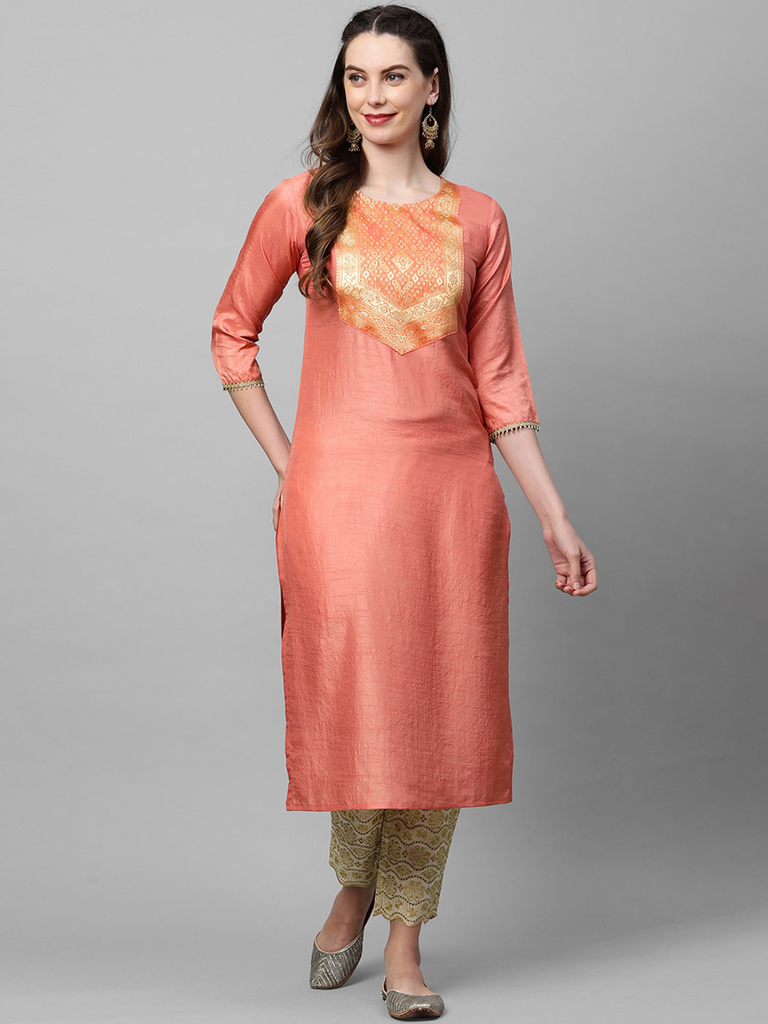 

Indo Era Women Peach-Coloured Striped Gotta Patti Kurta