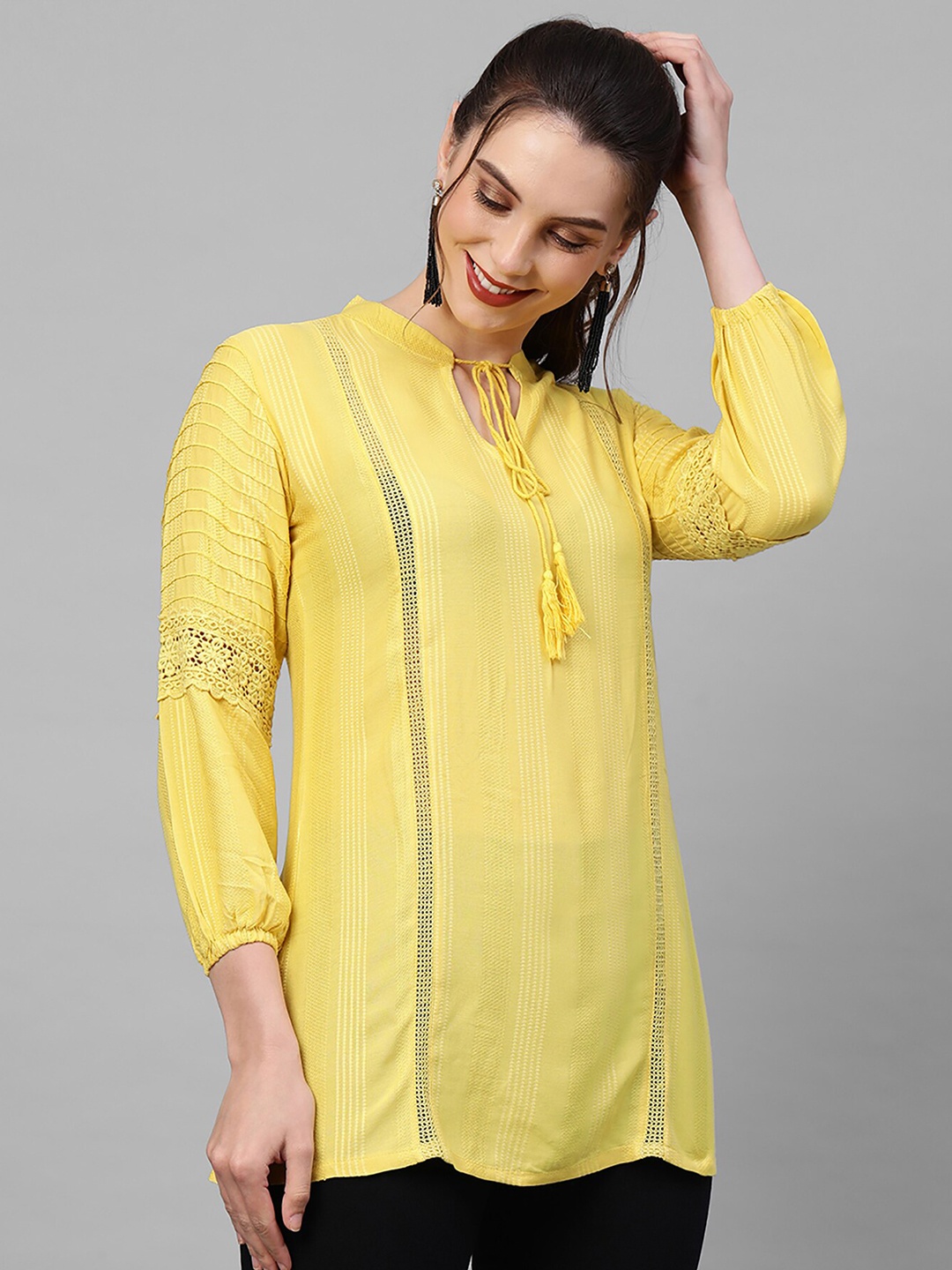 

Indo Era Yellow & White Viscose Rayon Striped Tunic
