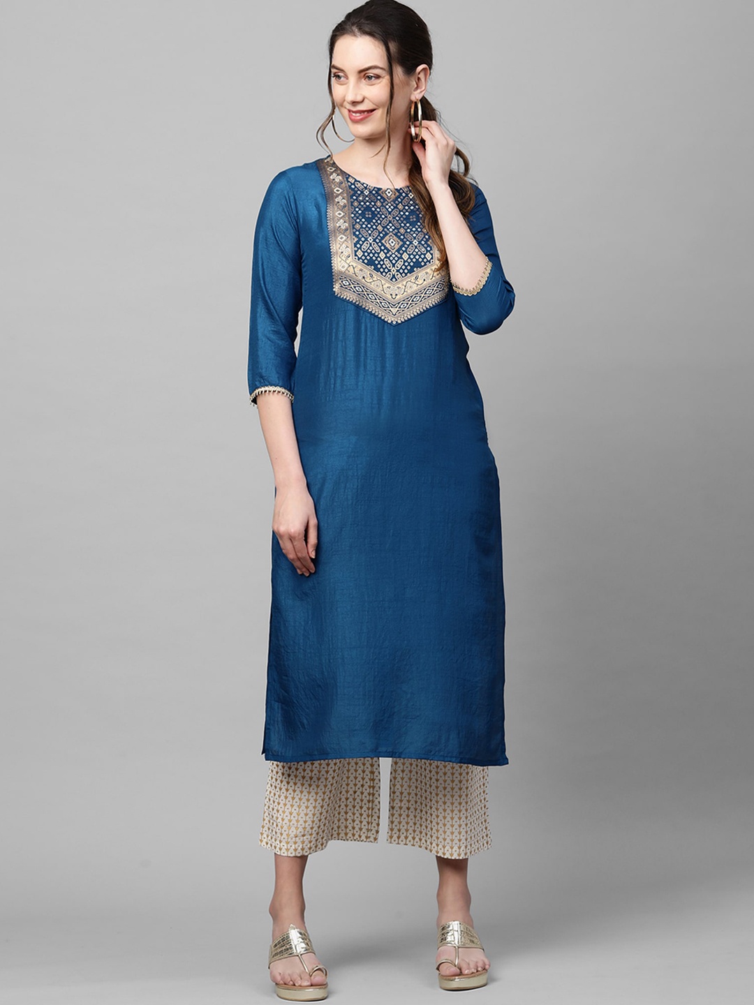 

Indo Era Women Blue & Gold-Toned Ethnic Motifs Yoke Design Kurta