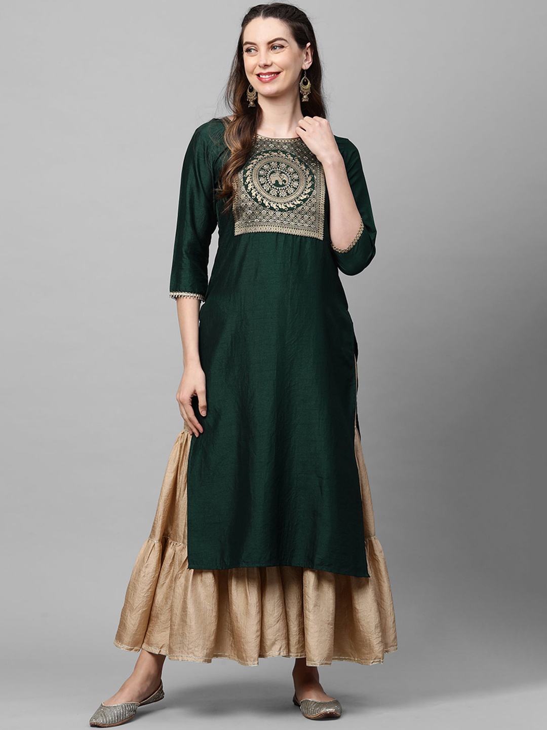 

Indo Era Women Green & Gold-Toned Ethnic Motifs Yoke Design Kurta