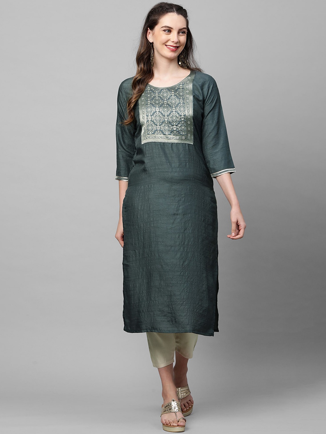 

Indo Era Women Grey Ethnic Motifs Yoke Design Flared Sleeves Kurta