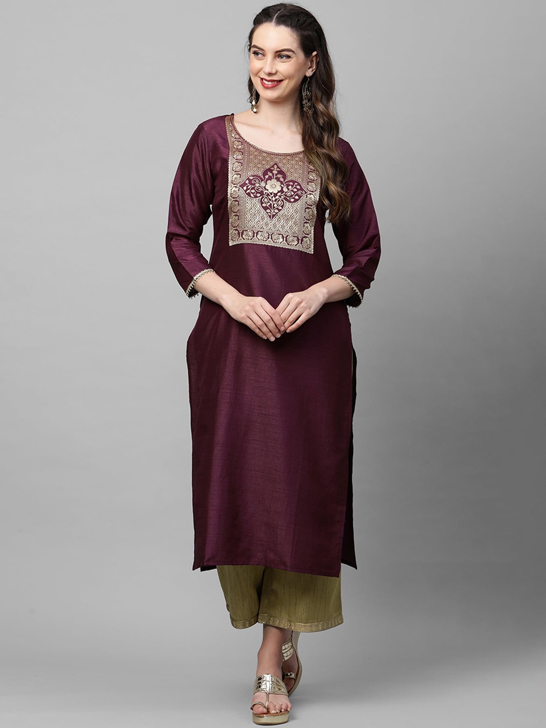 

Indo Era Women Burgundy Yoke Design Kurta