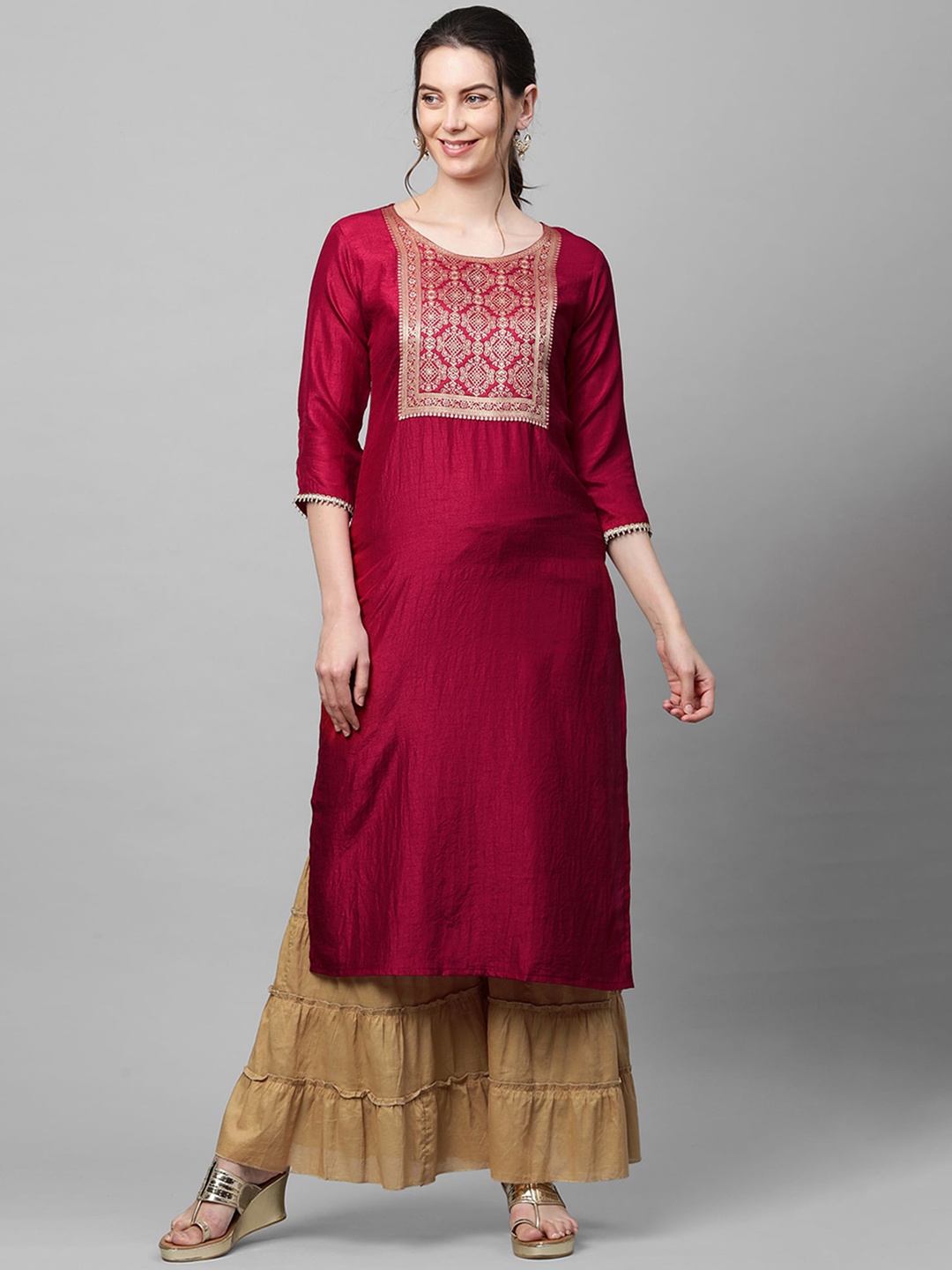 

Indo Era Women Maroon & Gold-Toned Ethnic Motifs Yoke Design Kurta