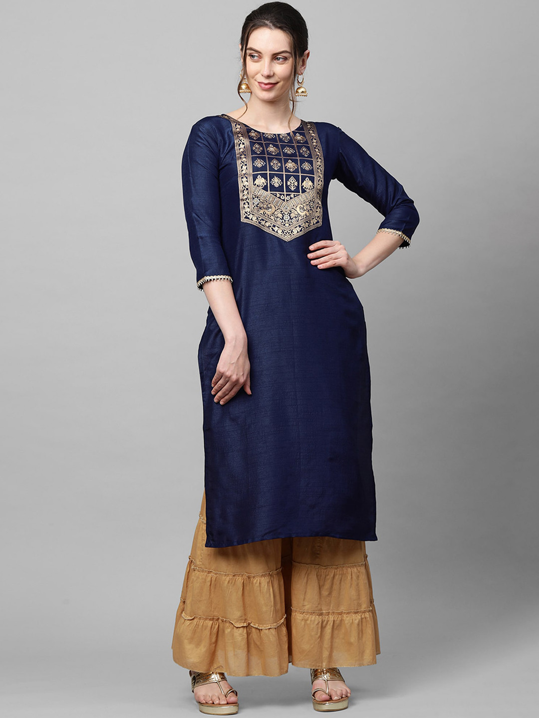 

Indo Era Women Navy Blue Ethnic Motifs Yoke Design Flared Sleeves Kurta