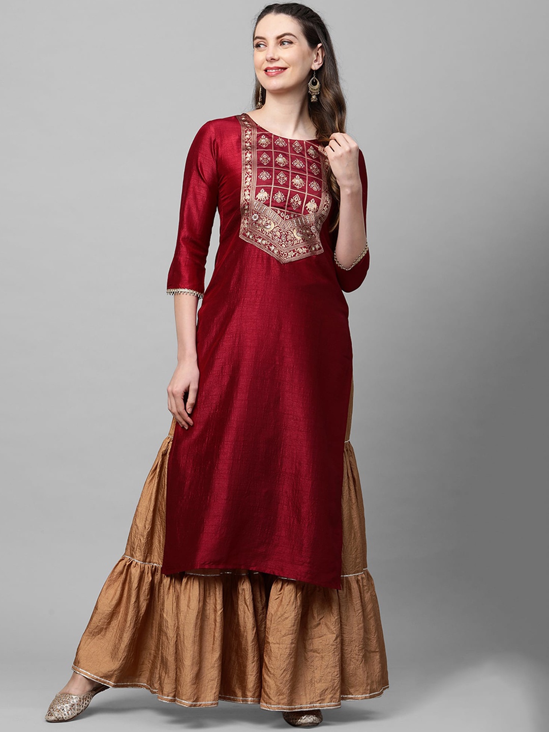 

Indo Era Women Maroon & Gold-Toned Yoke Design Kurta