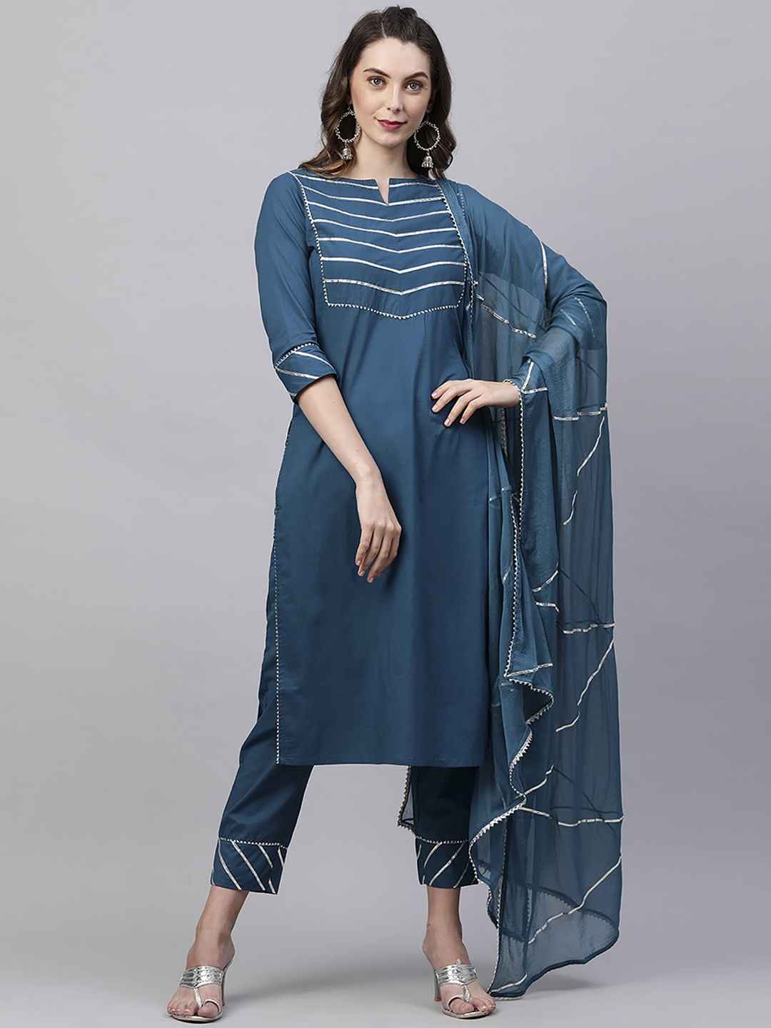 

Indo Era Women Teal Yoke Design Regular Gotta Patti Kurta with Trousers & With Dupatta