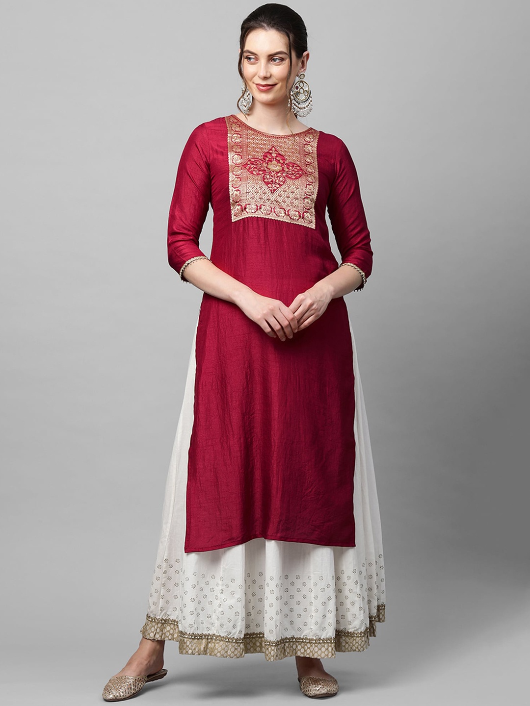 

Indo Era Women Maroon & Gold-Toned Ethnic Motifs Yoke Design Kurta