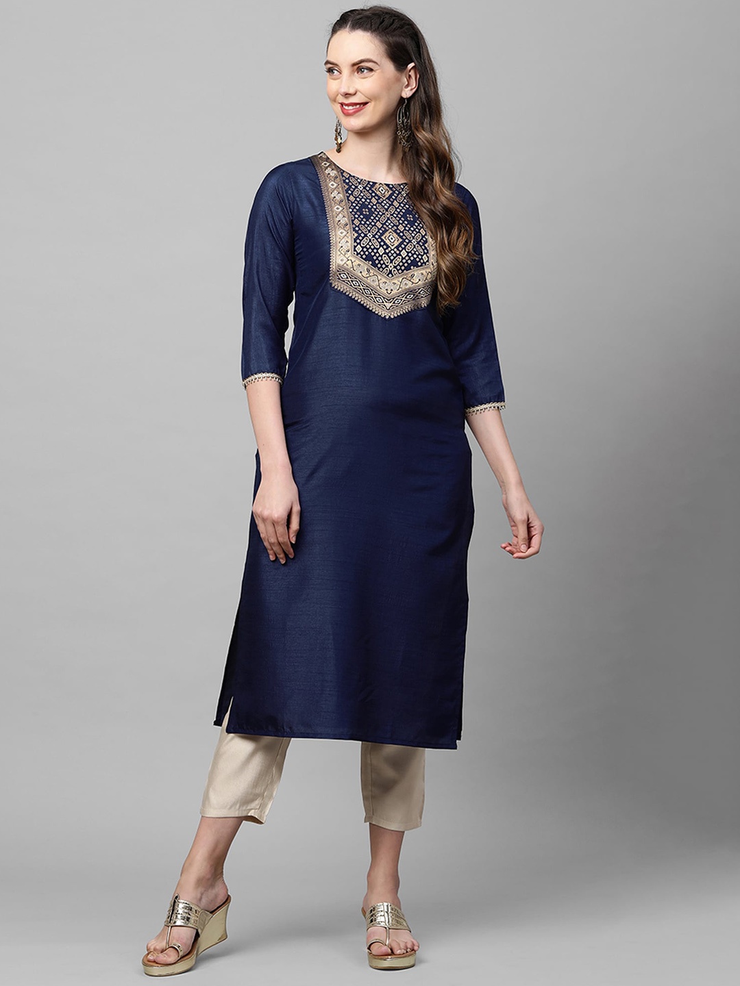 

Indo Era Women Navy Blue & Gold-Toned Geometric Yoke Design Gotta Patti Kurta