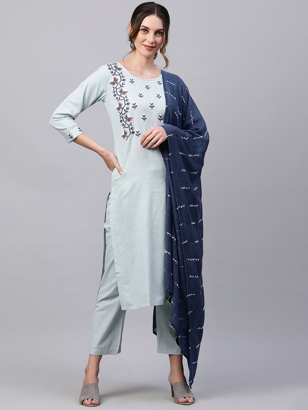 

Indo Era Women Blue Yoke Design Regular Kurta with Trousers & Dupatta