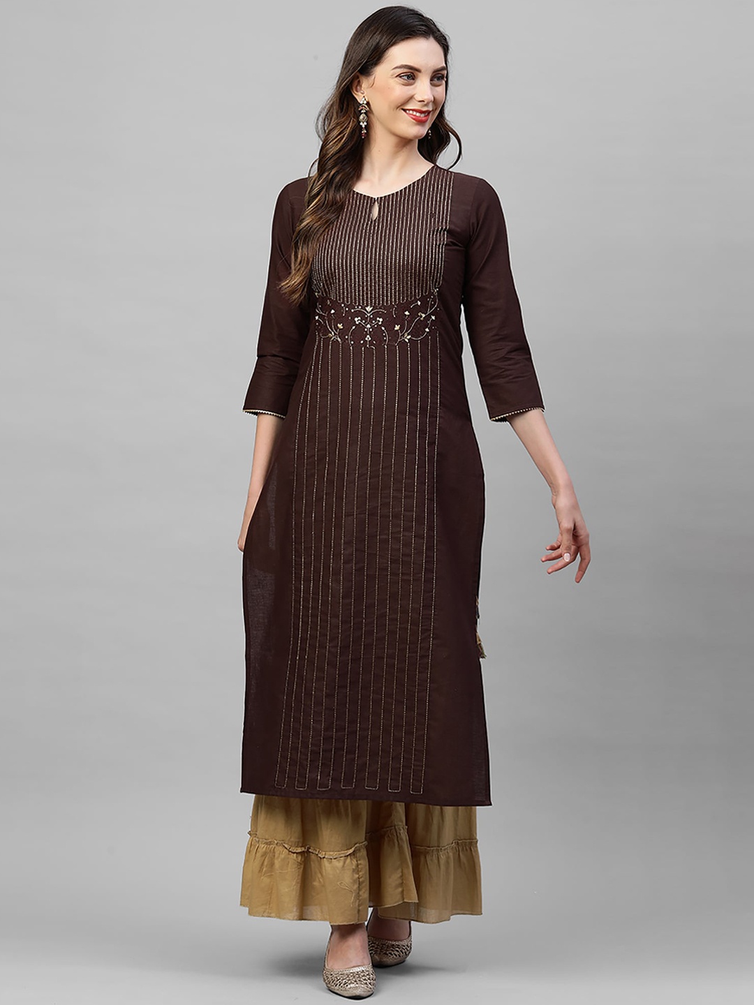 

Indo Era Women Brown Ethnic Motifs Thread Work Kurta