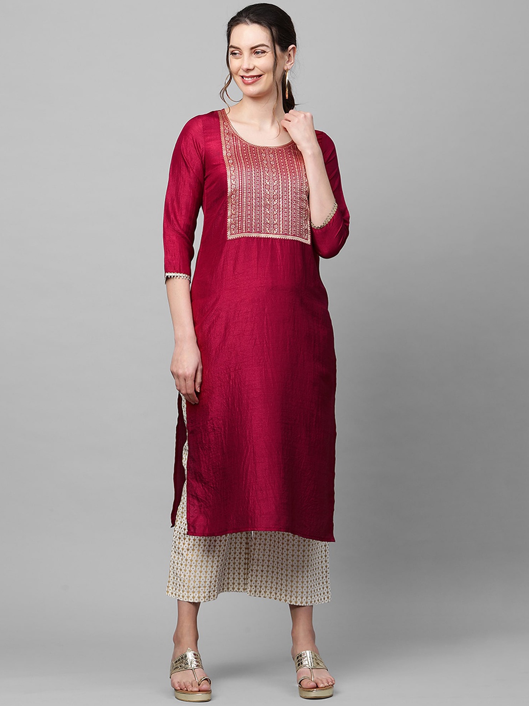

Indo Era Women Maroon & Gold-Toned Ethnic Motifs Yoke Design Kurta