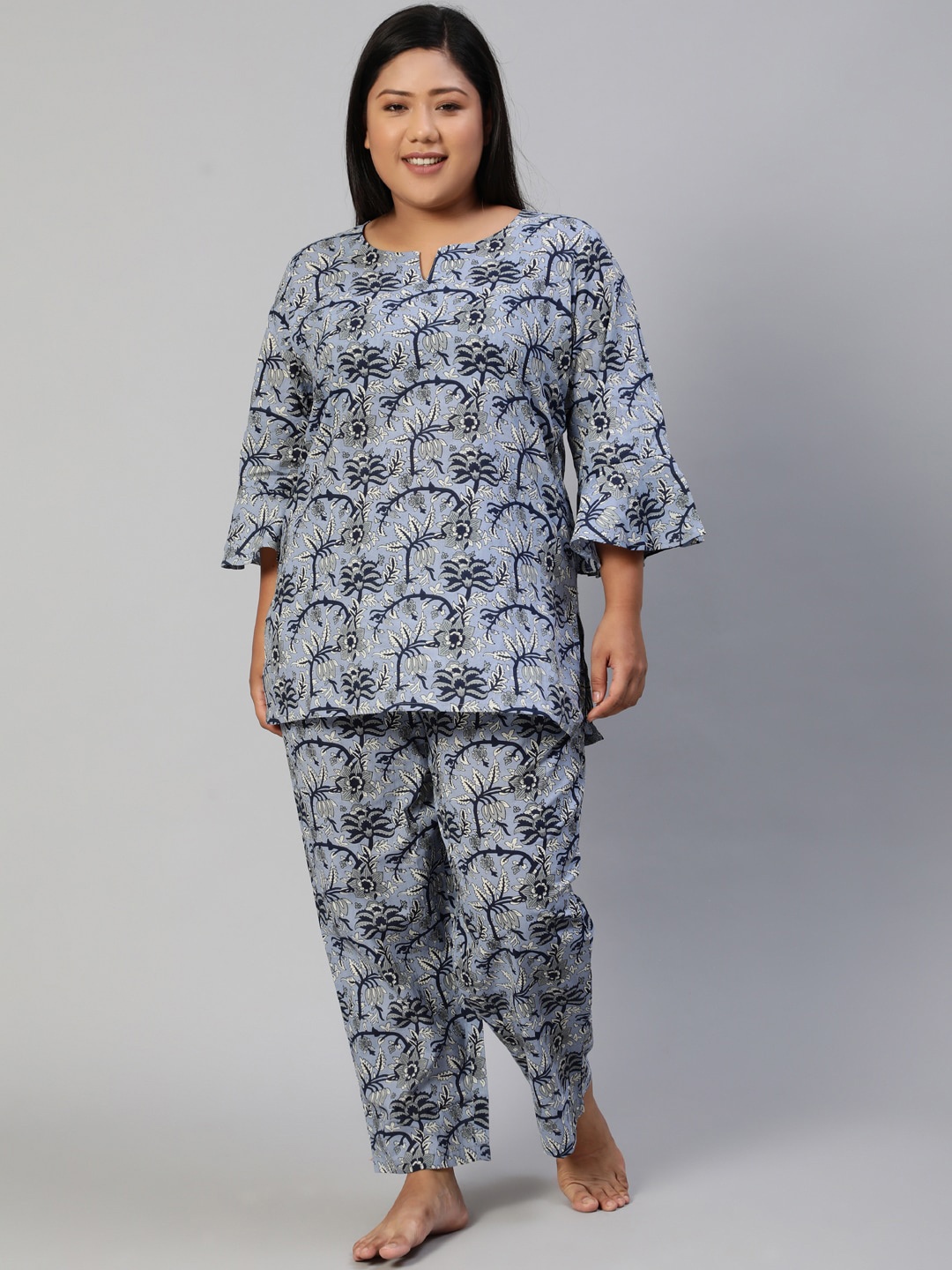 

AASI - HOUSE OF NAYO Women Blue & Grey Printed Pure Cotton Night suit