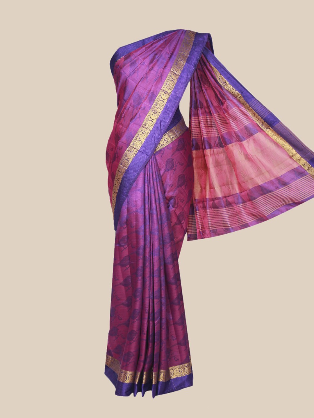 

The Chennai Silks Violet & Gold-Toned Ethnic Motifs Printed Saree