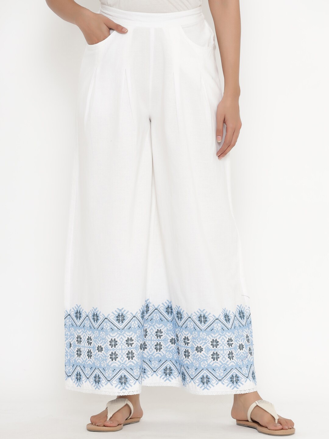 

Readiprint Fashions Women White & Blue Embroidered Ethnic Palazzos
