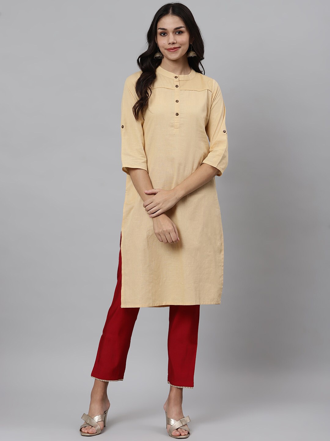 

Os Women Beige Pure Cotton Solid Straight Thread Work Kurta