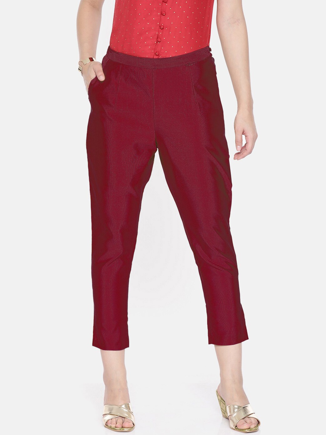 

Ira Soleil Women Maroon Solid Cropped Trousers