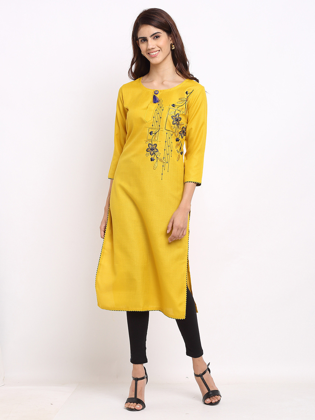 

Rajnandini Women Yellow Floral Embroidered Pure Cotton Kurta