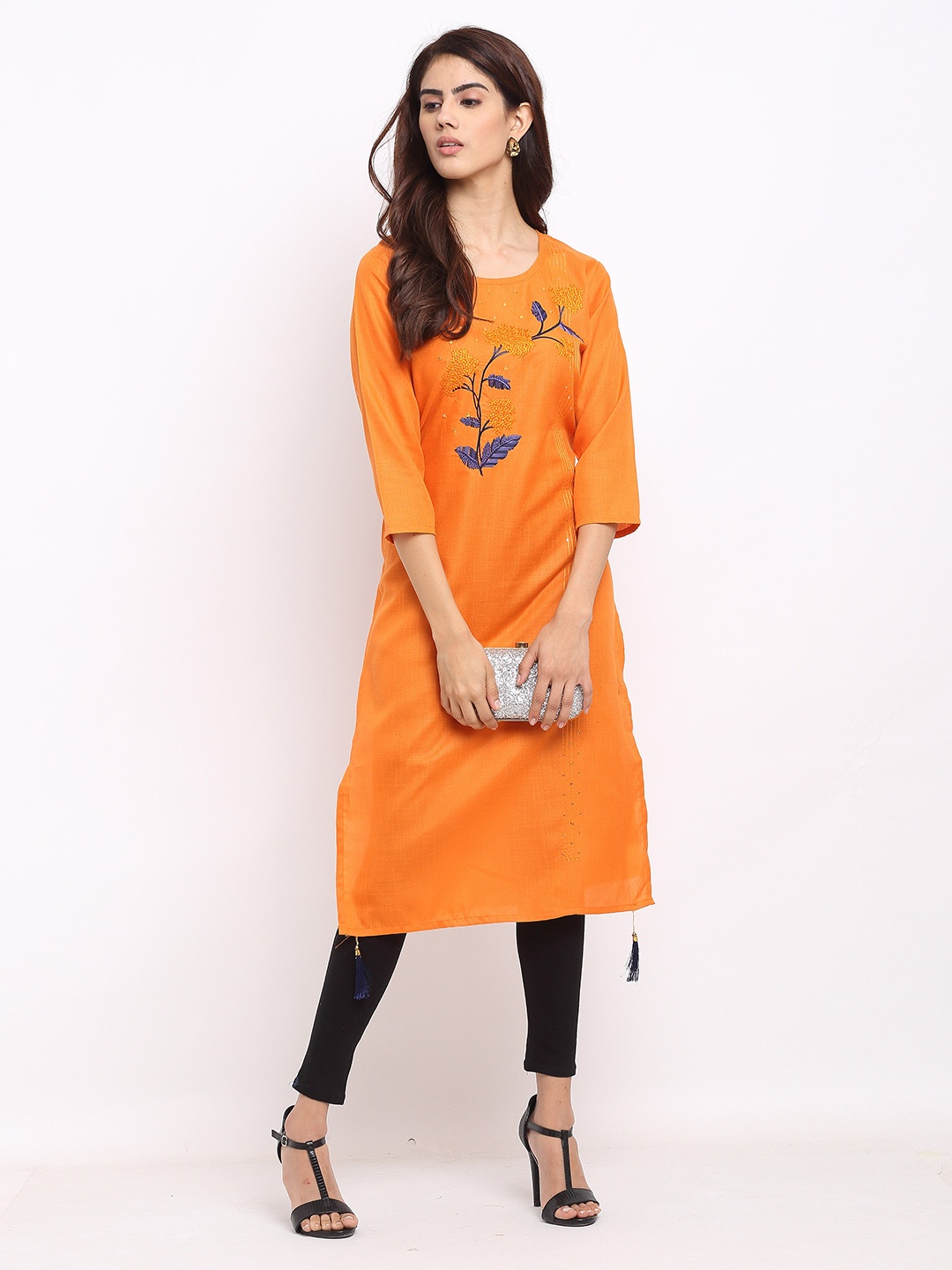 

Rajnandini Women Orange & Blue Floral Embroidered Pure Cotton Kurta